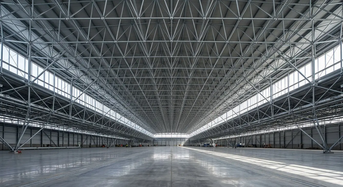The completed assembly hall interior, the space frame spanning clear