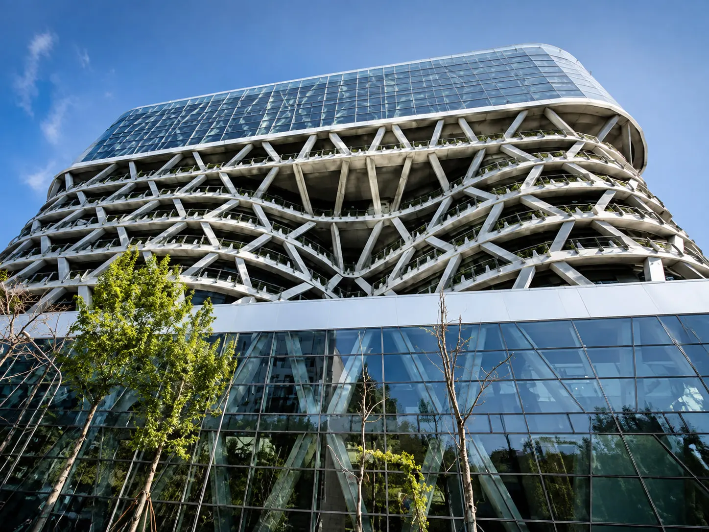 Ava Center from below at the corner, the diagrid read against the sky through street trees