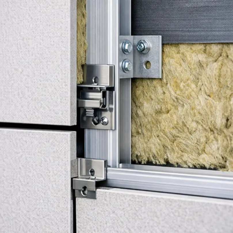 Reference image: porcelain panels clipped to an aluminium T-rail, with the bracket and mineral wool insulation behind