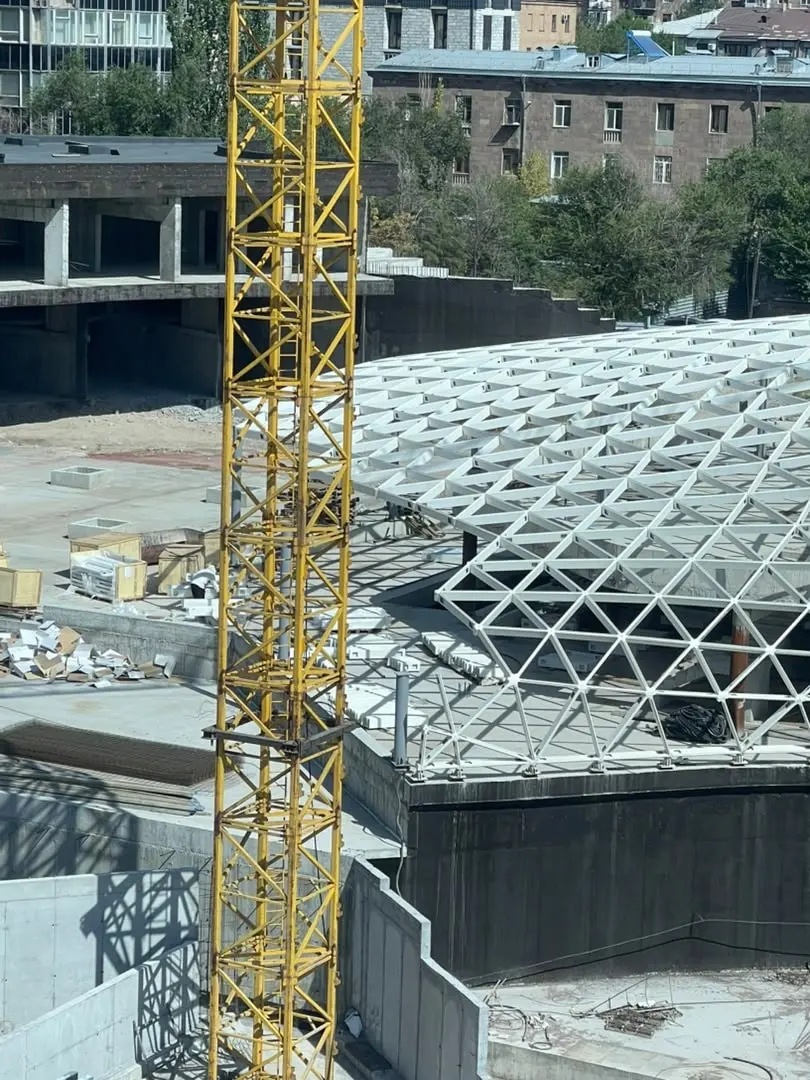 The edge of the DOMAINE gridshell beside the tower crane