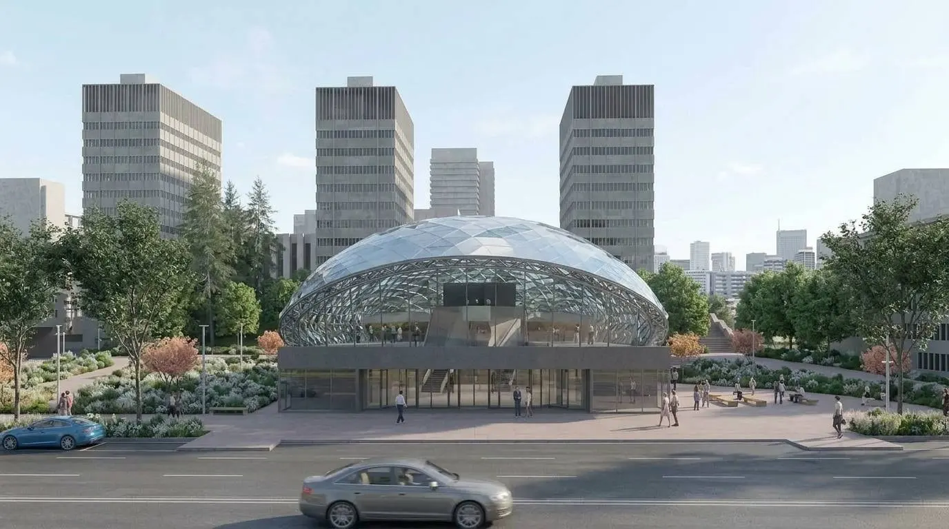 Design visualisation of DOMAINE from Komitas Avenue, the glazed gridshell over the podium