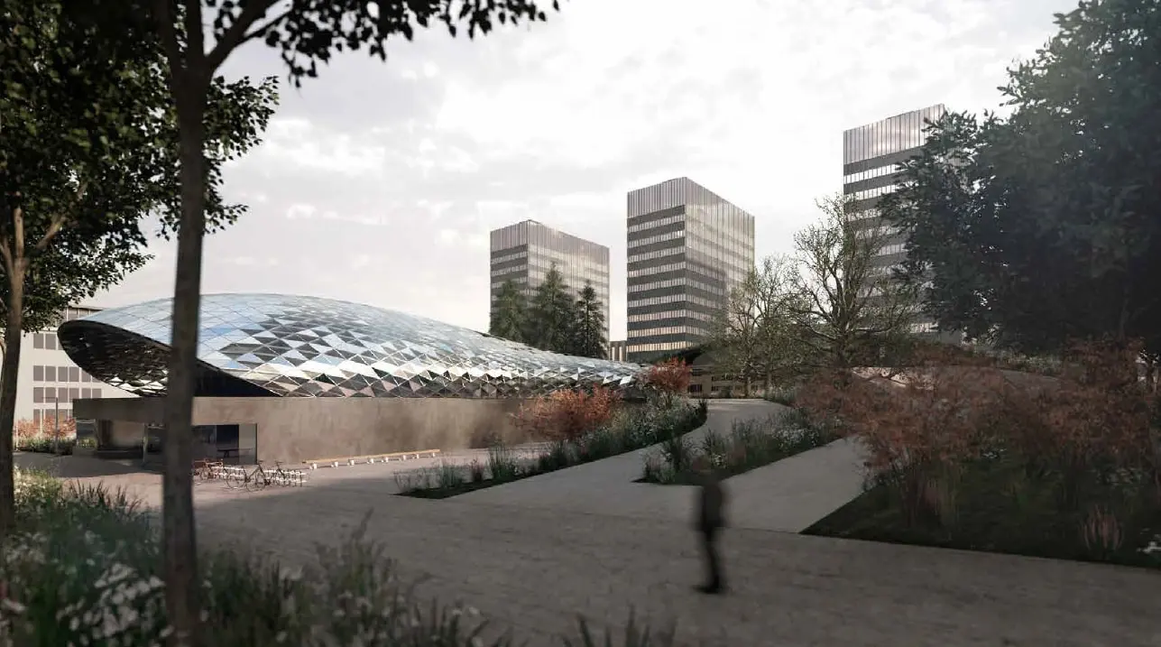 Design visualisation of DOMAINE from the landscaped garden