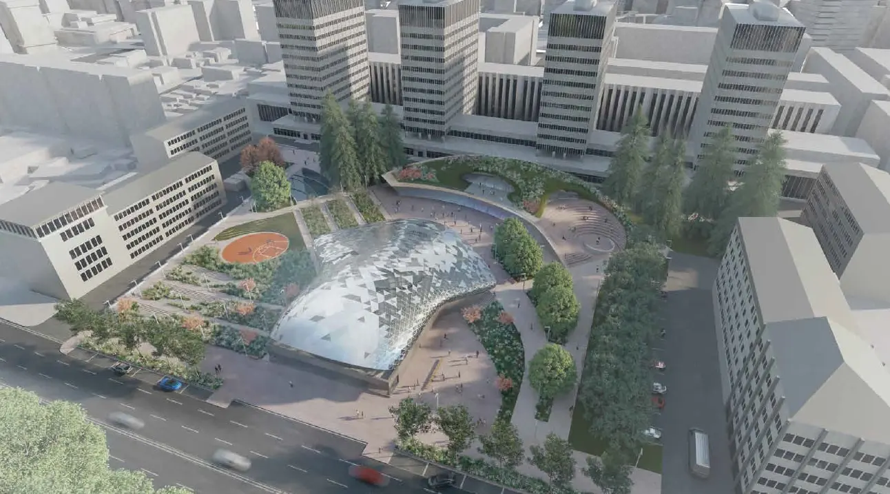 Design visualisation of DOMAINE from above, the gridshell within its landscaped site
