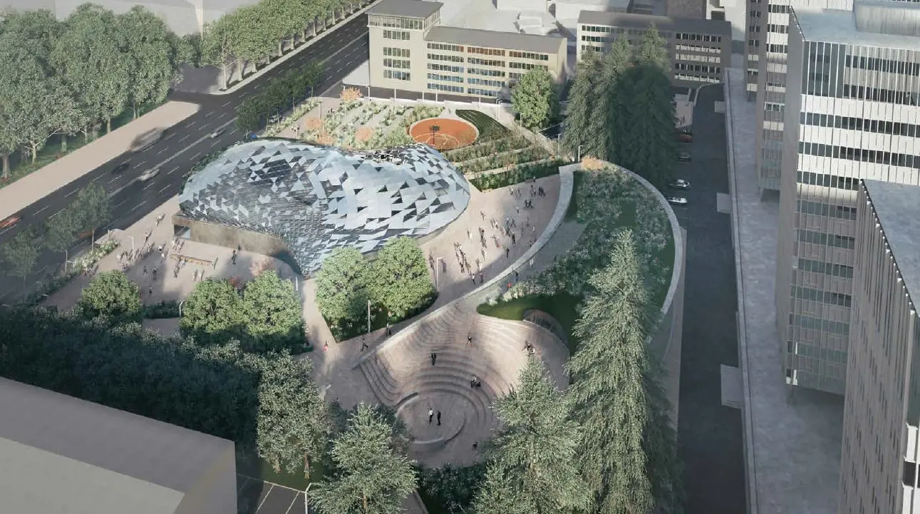 Aerial design visualisation of DOMAINE and the gardens around it