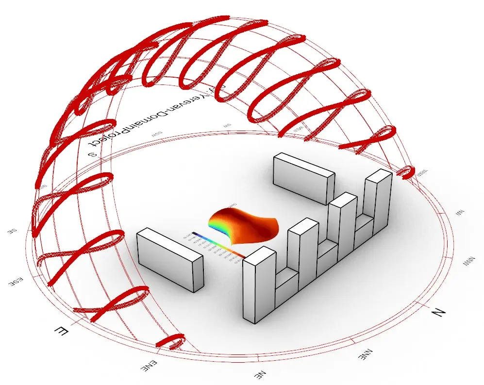 Sun-path simulation over DOMAINE and the neighbouring buildings
