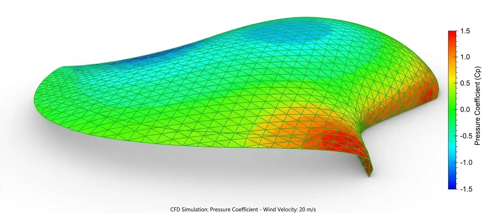 CFD simulation of DOMAINE: pressure coefficients across the surface at a wind speed of 20 m/s