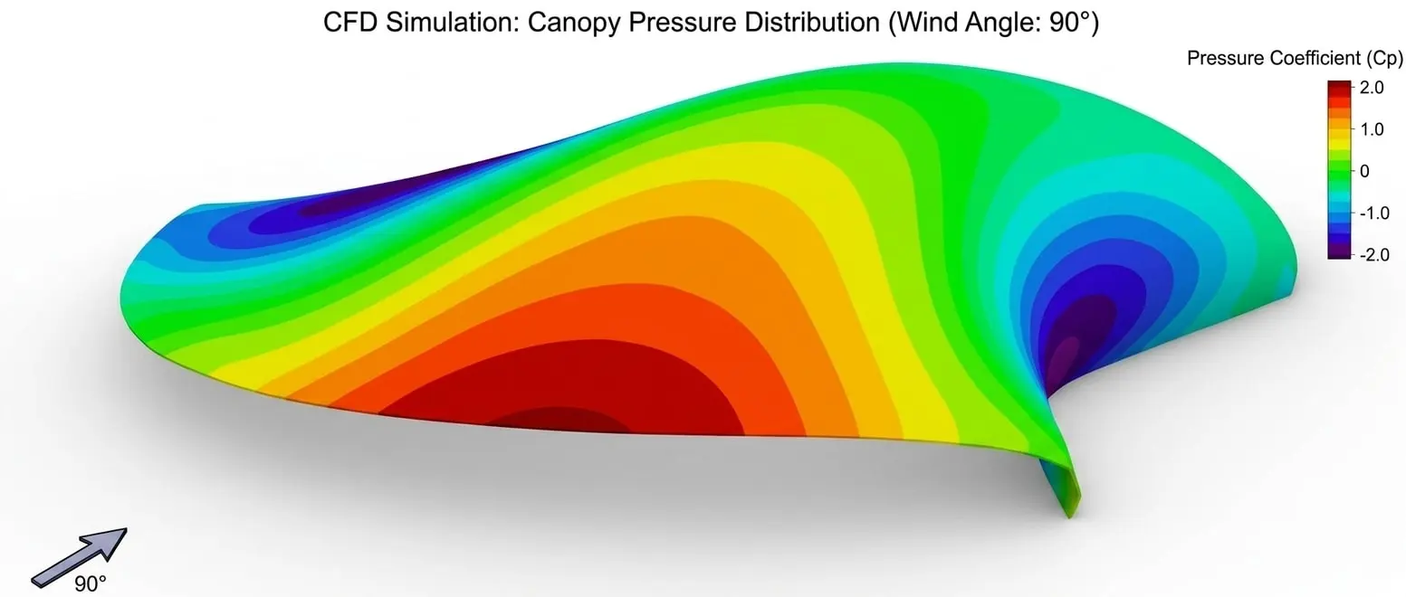 CFD simulation of DOMAINE: pressure distribution across the surface, wind at 90°