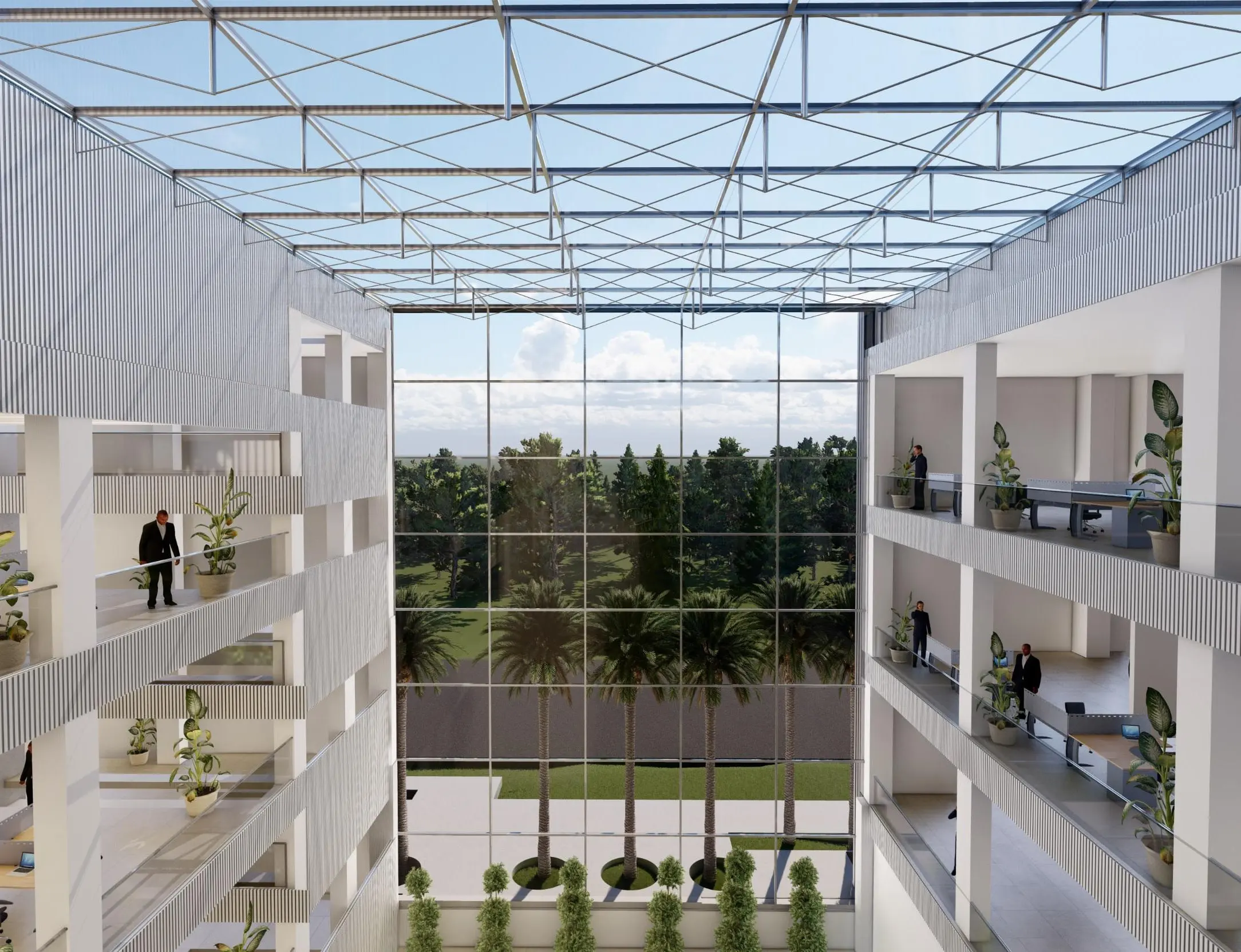Fanap Campus Complex — cable-reinforced skylight over the central courtyard, Tehran