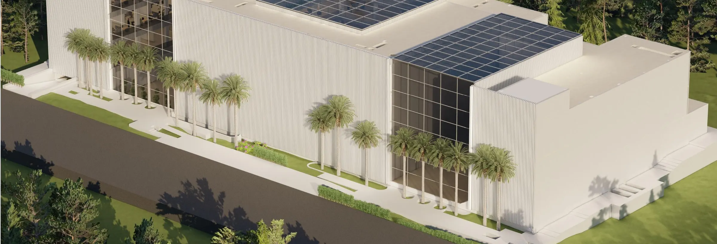 Design visualisation of the Fanap building from outside, the flat glass roofs meeting the curtain walls at the ends of the courtyards