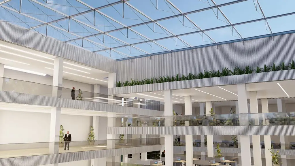 Design visualisation of a Fanap courtyard beneath its flat glass roof, galleries on every level