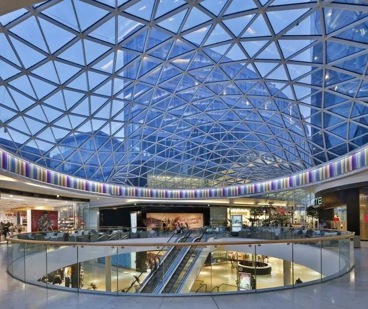 Reference example: a triangulated glass atrium skylight over a multi-storey shopping centre