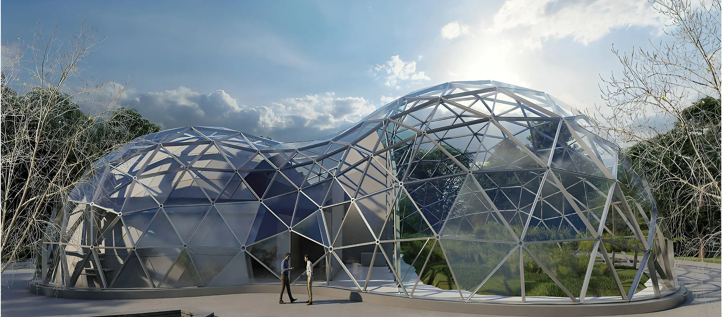 Middle East Plant Research Center — two intersecting doubly curved steel and glass shells over one plan