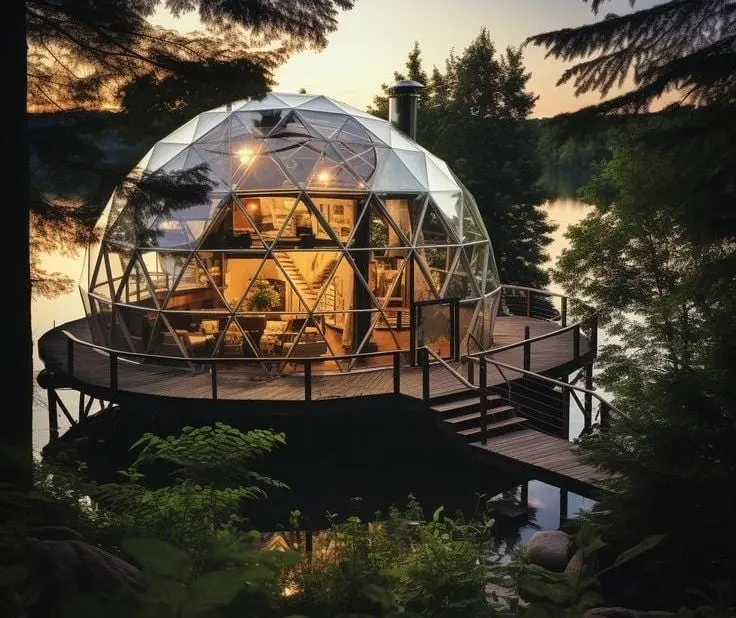 Reference image: a glazed geodesic unit on a raised circular deck among pine trees