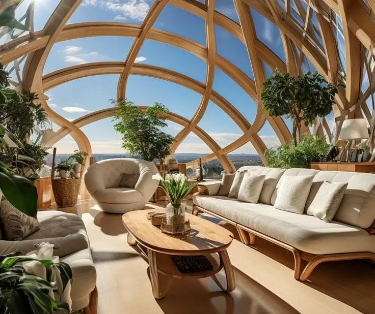 Reference image: curved laminated timber ribs exposed over a glazed living space