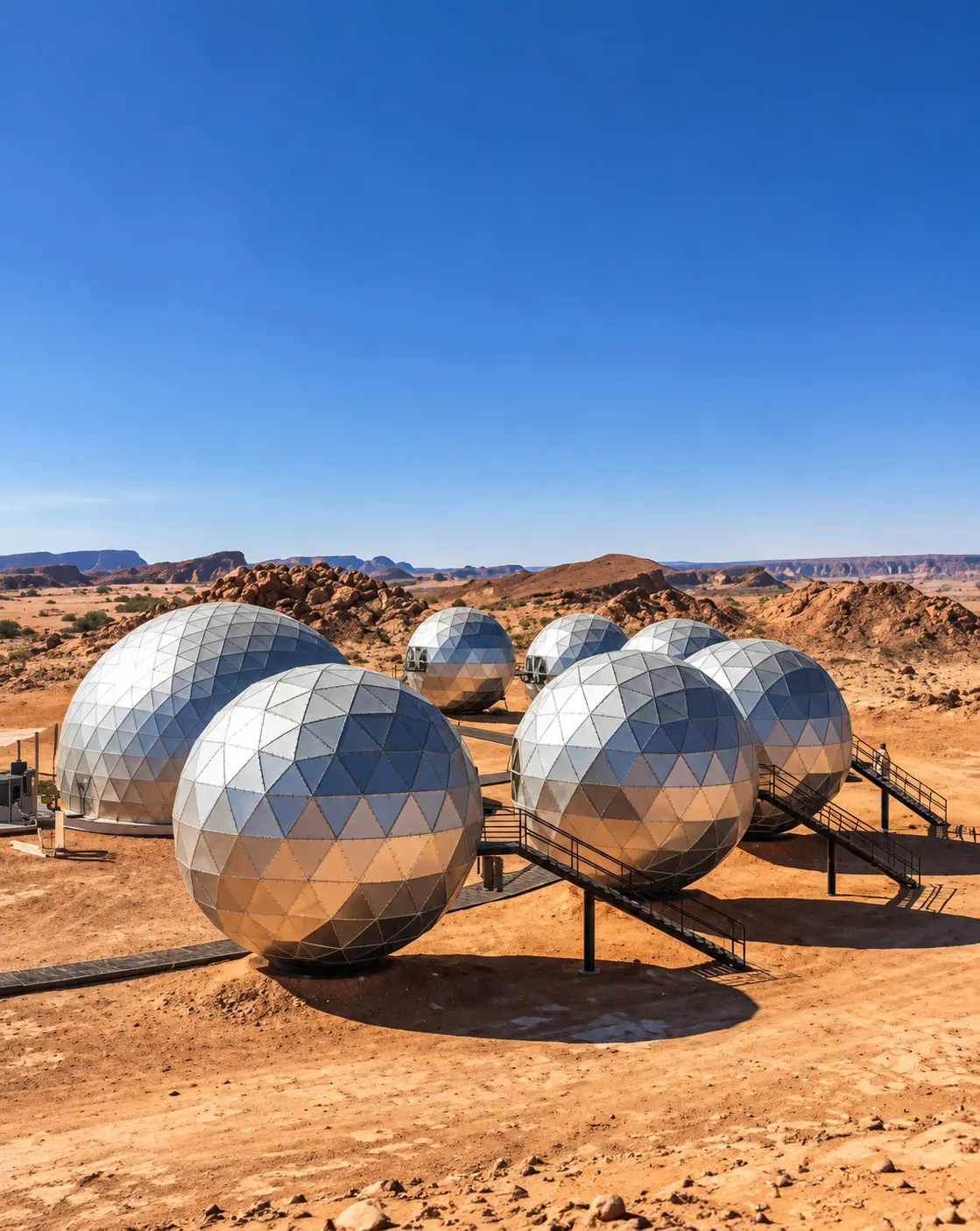 Near-spherical geodesic units raised on plinths with steps up to each entrance, on red desert sand under clear sky