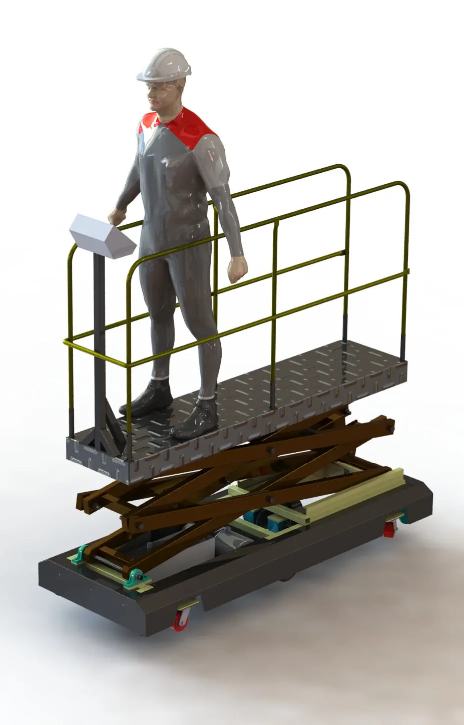 Model of a pipe-rail scissor-lift harvest trolley with an operator platform