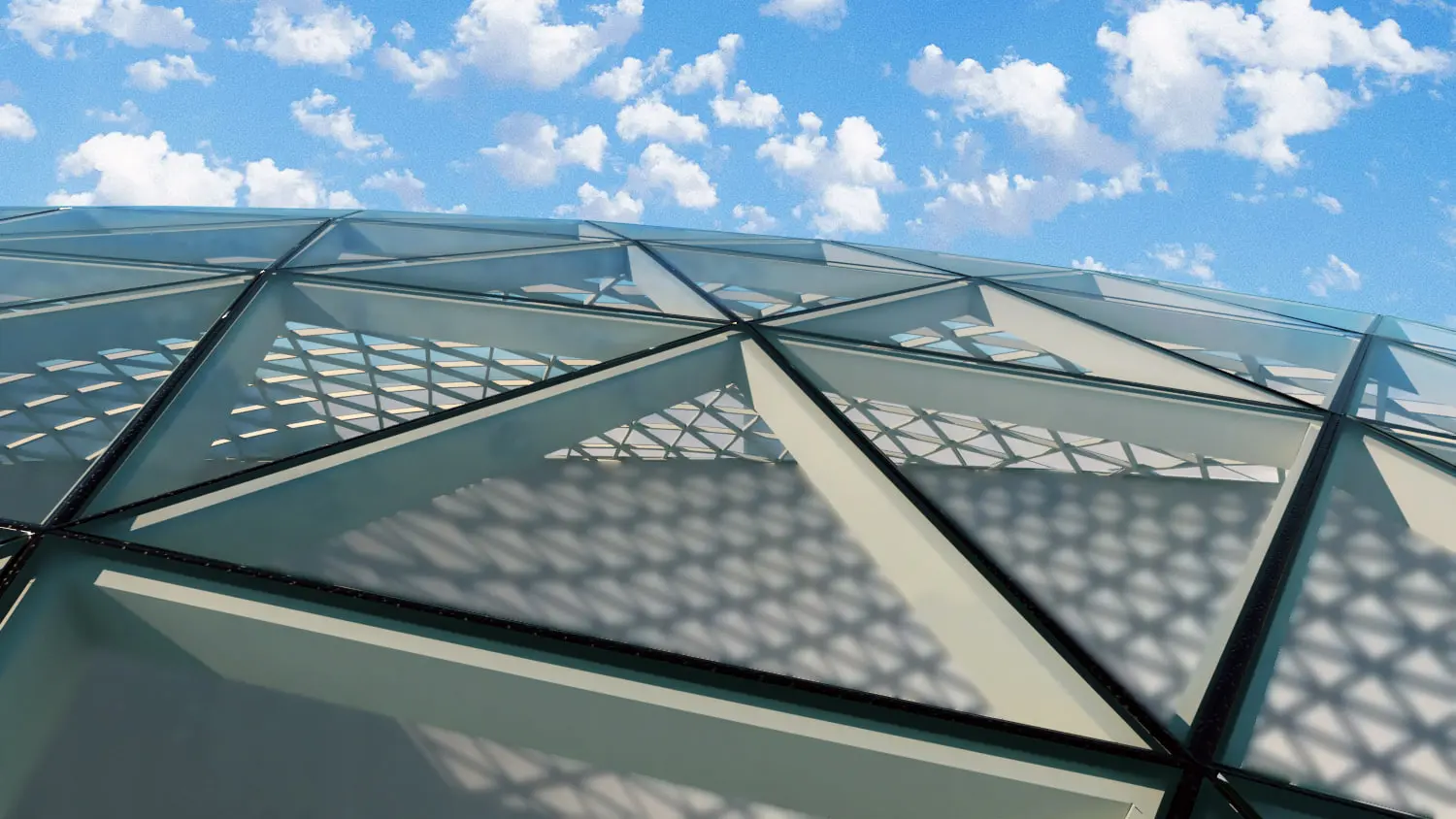Detail of the dome glazing, the panel set following the double curvature