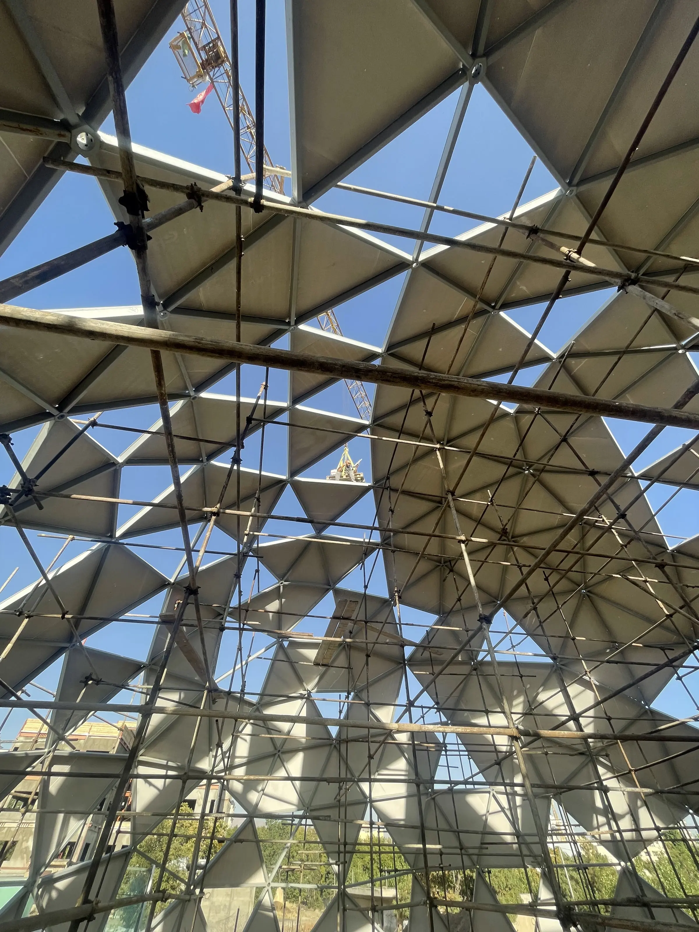 The dome framing seen from within, glazing bars set out against the sky