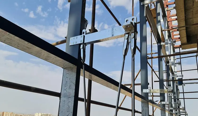 Support steelwork behind the Noor Hospital cladding, seen during installation