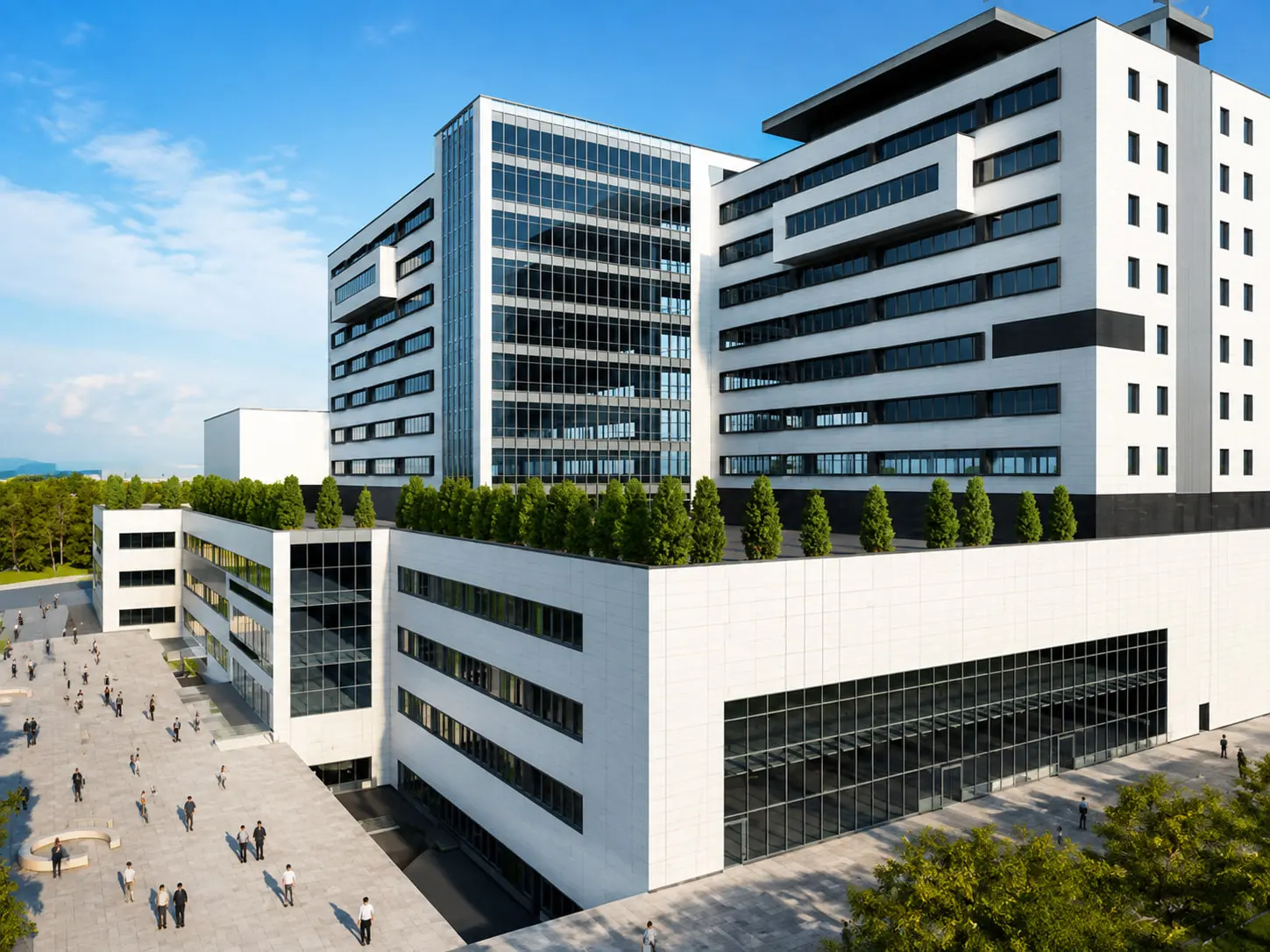 Design visualisation of Noor Hospital, the ward block above the entrance podium