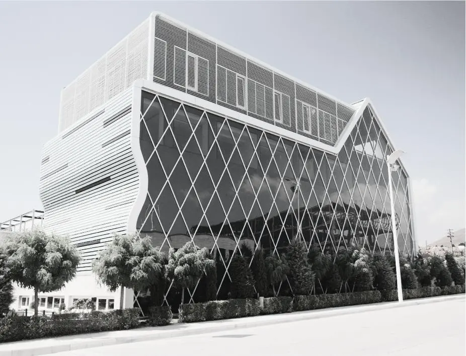 Sobhan Biotech — the folded gable and diagrid glazing at the building corner