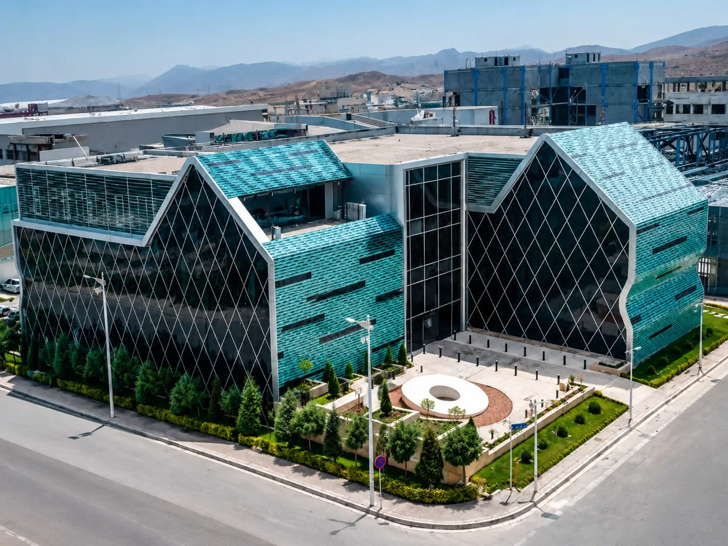 Sobhan Biotech from the air, the full building and its forecourt