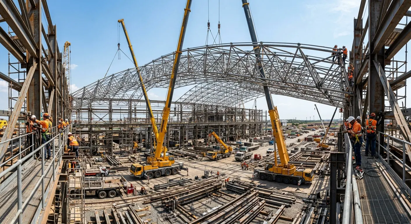 Arian Motor Factory — space frame erection over the production hall, Arak