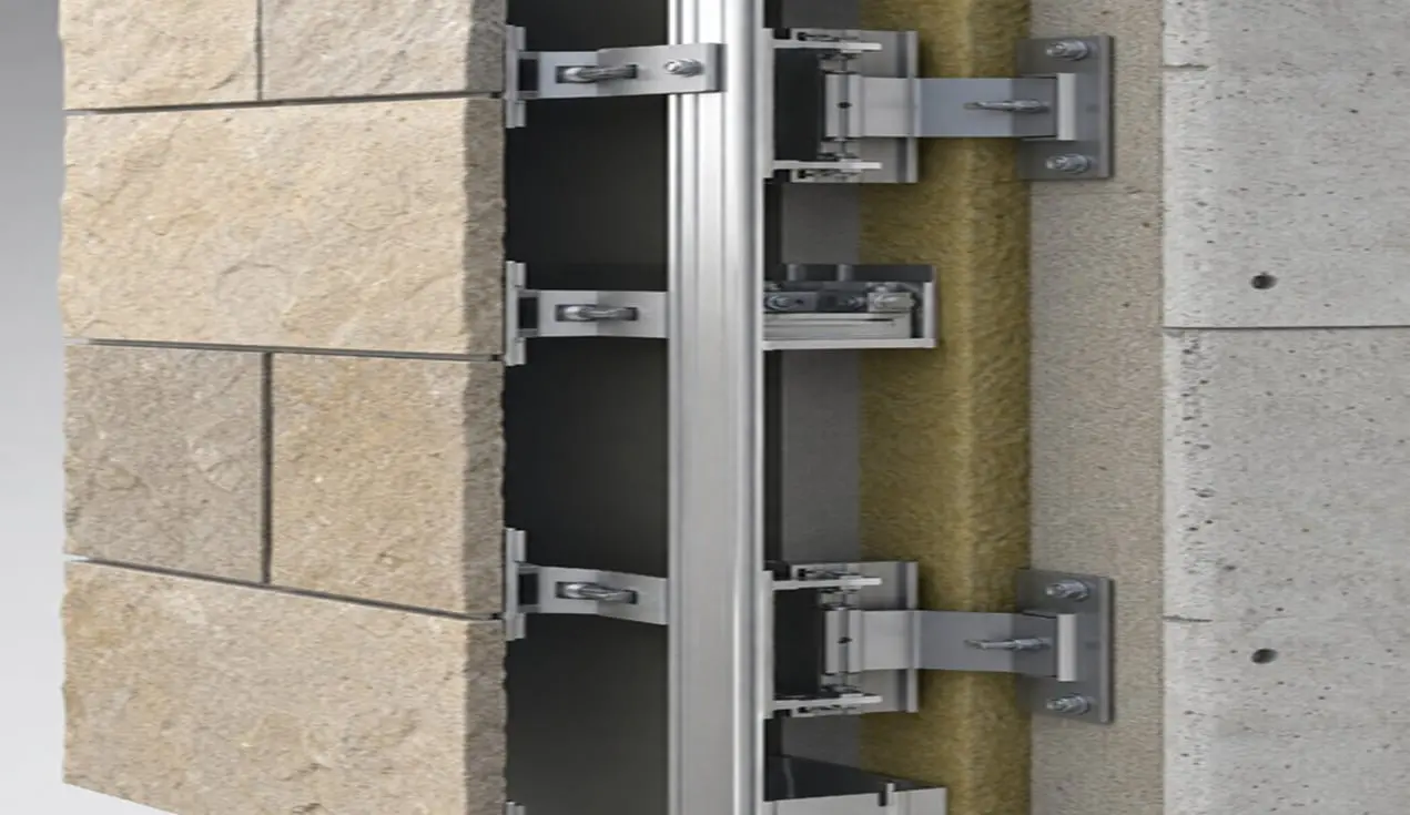 Reference example 1 of stone dry façade — mechanically fixed natural stone
