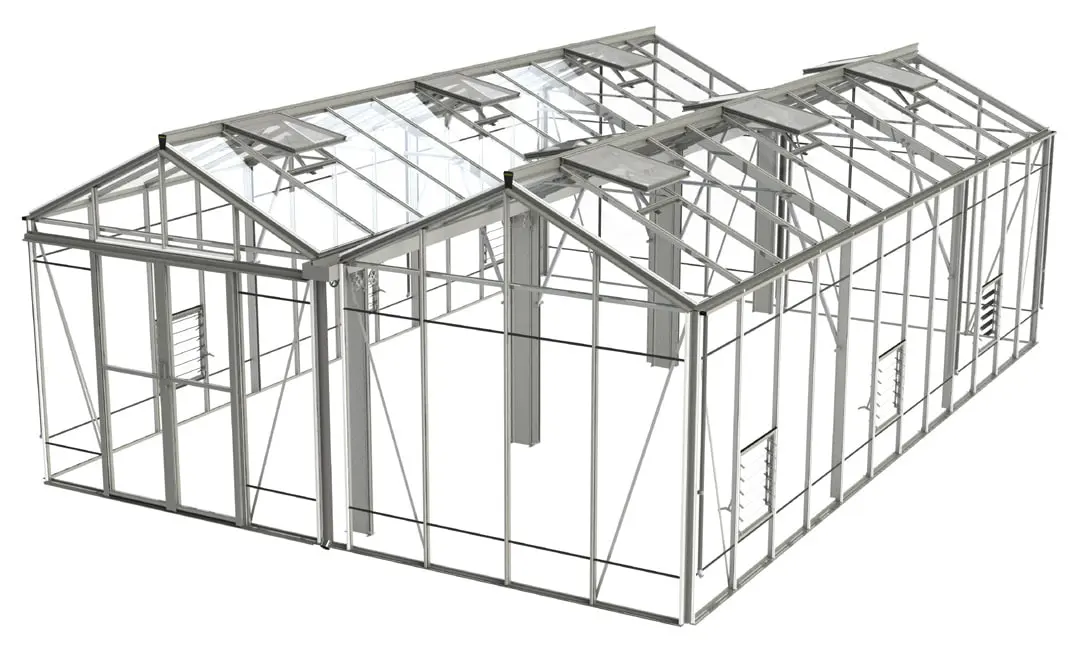 Three-dimensional model of one Venlo bay set showing columns, trusses, roof bars and vents